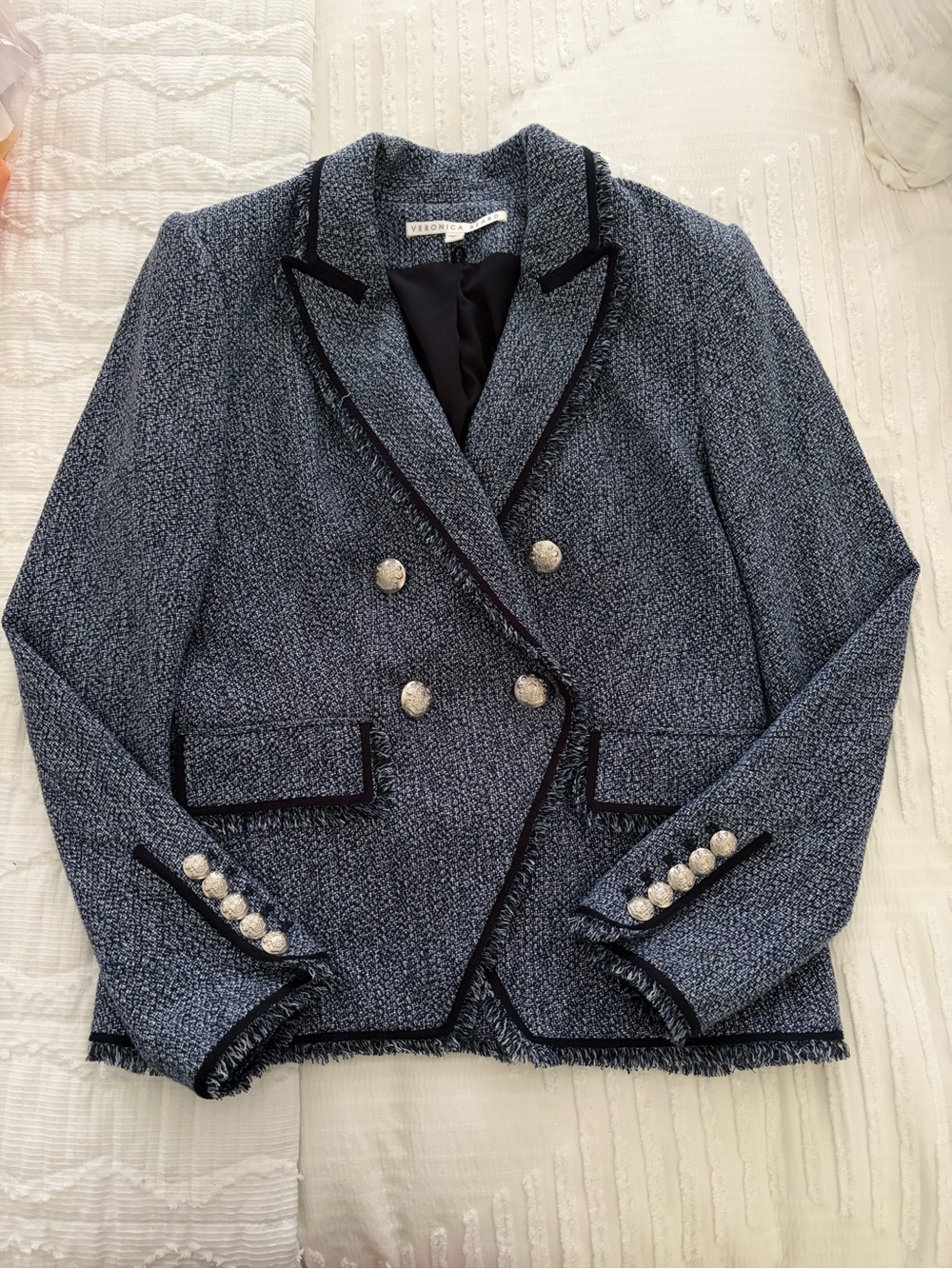 Veronica Beard Blue Tweed Double-Breasted Frayed Blazer